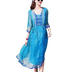 DISSA Damen Blau Seiden Kleid 3/4-Arm V-Ausschnitt Blumen 100% Seiden Langes Seiden Kleid,D9926,S von DISSA