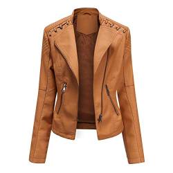 DISSA Damen Braun Kunstleder Motorrad Jacke Lederjacke Schlank Reißverschluss Stehkragen Kurz Mantel,38,P6638 von DISSA