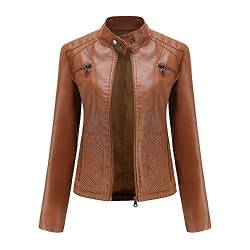 DISSA Damen Braun Lederjacke Schlank Kurz Kunstleder Stehkragen Jacket Reißverschluss Motorrad Jacke für Frühling und Herbst,3XL,C03N von DISSA