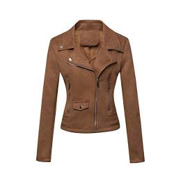 DISSA Damen Braun Wildleder Motorrad Jacke Lederjacke Schlank Reißverschluss Revers Kurz Mantel,P120-1,L von DISSA