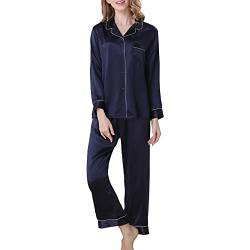 DISSA Damen Dunkelblau Einfach 100% Seide Pyjama-Set Oberteil und Capri-Hose Schlafanzug Langarm 19 Momme Seidenpyjama,L,T8002 von DISSA