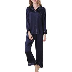 DISSA Damen Dunkelblau Einfach 100% Seide Pyjama-Set Oberteil und Capri-Hose Schlafanzug Langarm 19 Momme Seidenpyjama,XL,T8002 von DISSA