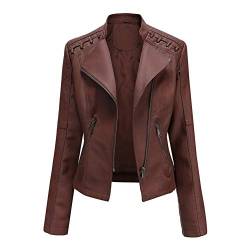 DISSA Damen Dunkelbraun Kunstleder Motorrad Jacke Lederjacke Schlank Reißverschluss Stehkragen Kurz Mantel,42,P6638 von DISSA