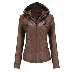 DISSA Damen Dunkelbraun Lederjacke Schlank Kurz Kunstleder Kapuze Jacket Reißverschluss Motorrad Jacke für Frühling und Herbst,5XL,C6699N von DISSA