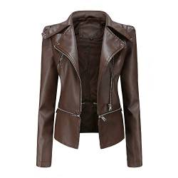 DISSA Damen Dunkelbraun Lederjacke Schlank Kurz Kunstleder Revers Jacket Reißverschluss Motorrad Jacke für Frühling und Herbst,XXL,C06N von DISSA