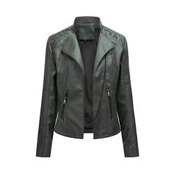 DISSA Damen Dunkelgrün Kunstleder Motorrad Jacke Lederjacke Schlank Reißverschluss Stehkragen Kurz Mantel,46,P6638 von DISSA