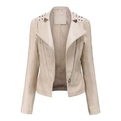 DISSA Damen Elfenbein Lederjacke Schlank Kurz Kunstleder Revers Jacket Reißverschluss Motorrad Jacke für Frühling und Herbst,L,C08N von DISSA