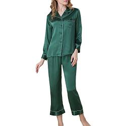 DISSA Damen Grün Einfach 100% Seide Pyjama-Set Oberteil und Capri-Hose Schlafanzug Langarm 19 Momme Seidenpyjama,L,T8002 von DISSA