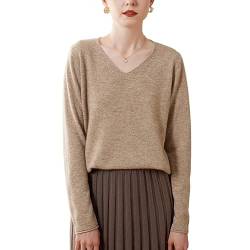 DISSA Damen Kaschmir Pullover Kamel V-Ausschnitt Langarm Strickpullover Damen Kaschmir Wolle Einfarbige Relaxed Dünner Pullover,44,SPR2335 von DISSA