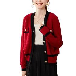 DISSA Damen Kaschmir Strickjacke Rot V-Ausschnitt Langarm Cardigan Kaschmir Wolle Taschen Relaxed Dicker Strickjacke,42,SPR1707 von DISSA