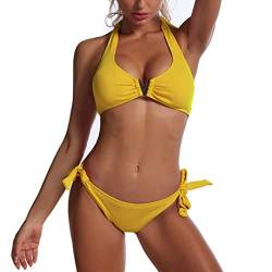 DISSA Damen Neckholder Bikini Set Elastische Gelb Zweiteiliger Badebekleidung für Frauen Bademode,M,S168 von DISSA