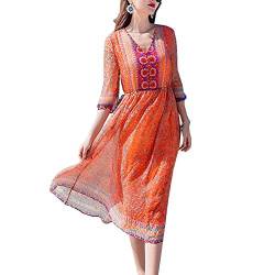 DISSA Damen Orange Seiden Kleid 3/4-Arm V-Ausschnitt Blumen 100% Seiden Langes Seiden Kleid,D9926,XXL von DISSA