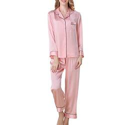 DISSA Damen Rosa Einfach 100% Seide Pyjama-Set Oberteil und Capri-Hose Schlafanzug Langarm 19 Momme Seidenpyjama,XL,T8002 von DISSA