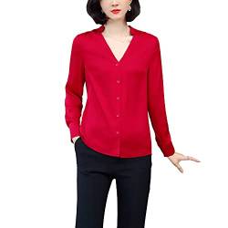 DISSA Damen Rot Hemdbluse Seide Solide Button Down Hemden Damenbluse Langarm V-Ausschnitt Seidenbluse,3XL,S3366 von DISSA