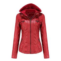 DISSA Damen Rot Lederjacke Schlank Kurz Kunstleder Kapuze Jacket Reißverschluss Motorrad Jacke für Frühling und Herbst,4XL,C6699N von DISSA