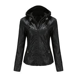 DISSA Damen Schwarz Kunstleder Motorrad Jacke Lederjacke Jahrgang Schlank mit Kapuze Kurz Mantel,PP005,XXL von DISSA