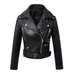 DISSA Damen Schwarz Kunstleder Motorrad Jacke Lederjacke Schlank Reißverschluss Revers Kurz Mantel,P12002,S von DISSA