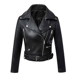 DISSA Damen Schwarz Kunstleder Motorrad Jacke Lederjacke Schlank Reißverschluss Revers Kurz Mantel,P8817,XS von DISSA