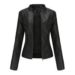 DISSA Damen Schwarz Kunstleder Motorrad Jacke Lederjacke Schlank Reißverschluss Stehkragen Kurz Mantel,40,PN767 von DISSA