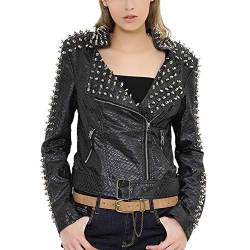 DISSA Damen Schwarz Nieten Lederjacke Kunstleder Bikerjacke mit Reißverschluss,P604,L von DISSA