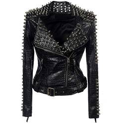 DISSA Damen Schwarz Nieten Lederjacke Kunstleder Bikerjacke mit Reißverschluss,P608,M von DISSA