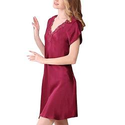 DISSA Damen Seide Nachtwäsche Nachthemd 100% Seide Bademantel mit Spitze Seidenkleid Kurzarm S2501,Rot,XL von DISSA