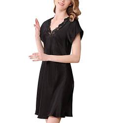 DISSA Damen Seide Nachtwäsche Nachthemd 100% Seide Bademantel mit Spitze Seidenkleid Kurzarm S2501,Schwarz,XL von DISSA