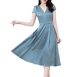 DISSA Damen Seidenkleid Falten A-Linie Kleid Einfarbig SeidenKleider V-Ausschnitt Kurzarm Knielänge Seiden Kleid,Blau,XL,D2276 von DISSA