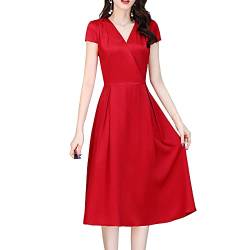 DISSA Damen Seidenkleid Falten A-Linie Kleid Einfarbig SeidenKleider V-Ausschnitt Kurzarm Knielänge Seiden Kleid,Rot,XL,D2276 von DISSA