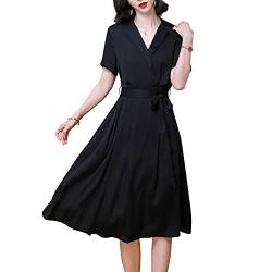 DISSA Damen Seidenkleid Kordelzug A-Linie Kleid Einfarbig SeidenKleider Revers Kurzarm Knielänge Seiden Kleid,Schwarz,3XL,D2321 von DISSA