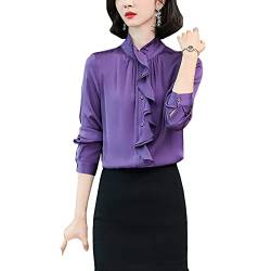 DISSA Damen Violet Hemdbluse Seide Solide Button Down Hemden Damenbluse Langarm Stehkragen Seidenbluse,XL,S3391 von DISSA