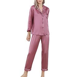 DISSA Damen Violett Einfach 100% Seide Pyjama-Set Oberteil und Capri-Hose Schlafanzug Langarm 19 Momme Seidenpyjama,XL,T8002 von DISSA