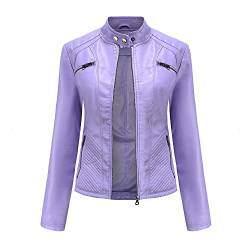 DISSA Damen Violett Lederjacke Schlank Kurz Kunstleder Stehkragen Jacket Reißverschluss Motorrad Jacke für Frühling und Herbst,L,C03N von DISSA