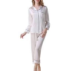 DISSA Damen Weiß Einfach 100% Seide Pyjama-Set Oberteil und Capri-Hose Schlafanzug Langarm 19 Momme Seidenpyjama,XL,T8002 von DISSA