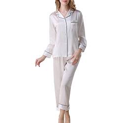 DISSA Damen Weiß Einfach 100% Seide Pyjama-Set Oberteil und Capri-Hose Schlafanzug Langarm 19 Momme Seidenpyjama,XXL,T8002 von DISSA