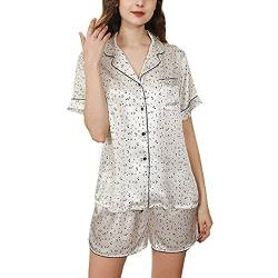 DISSA Damen Weiß Gedrucktes 100% Seide Pyjama-Set Oberteil und Shorts Schlafanzüge Kurzarm 19 Momme Seidenpyjama,XXL,D2108B von DISSA