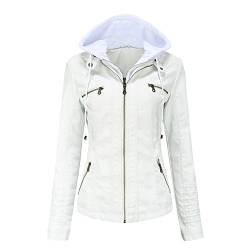 DISSA Damen Weiß Lederjacke Schlank Kurz Kunstleder Kapuze Jacket Reißverschluss Motorrad Jacke für Frühling und Herbst,3XL,C6699N von DISSA