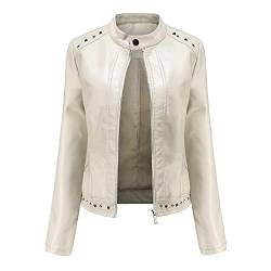 DISSA Damen Weiß Lederjacke Schlank Kurz Kunstleder Stehkragen Jacket Reißverschluss Motorrad Jacke für Frühling und Herbst,4XL,C5092N von DISSA