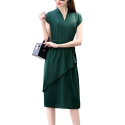 DISSA Grün Seide Damen Kleid Kurzarm Kordelzug Elegant Seidenkleid V-Ausschnitt Midi Freizeitkleid Einfaches Irregulär Sommerkleid,44,D9992 von DISSA