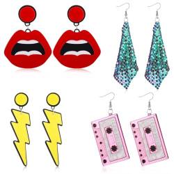 4 Paar Neon Ohrringe Damen Retro Acryl Ohrringe 80er Jahre Kostüm Ohrringe Übertrieben Ohrringe Leichte Modische Tropfen Ohrringe für 70er 80er 90erJahre Neon Party Kostümschmuck von DIVINA VITAE