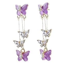 Schmetterling Ohrringe Damen Quasteohrringe Lila Kristall Strass Hängende Mädchen Anhänger Ohrringe Lange Glänzende Earrings Schmetterlings Tropfenohrringe für Abschlussfeier Geburtstag von DIVINA VITAE