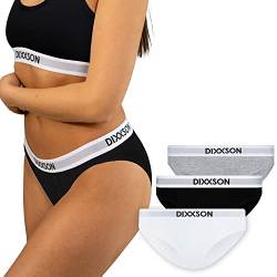 DIXXSON Slip Damen | 3 er Set | Baumwolle Bikini Taillenslips mit optimaler Passform | Sexy sportliche Frauen Unterwäsche mit bequemem Bund (Größe S - XL) (L, Black White Grey) von DIXXSON