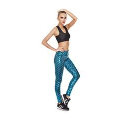 Grsafety Fish Scale Pants Damen Leggings Plissee Print Meerjungfrau Skalen Mädchen Hose, Hellblau L von DIYHMH