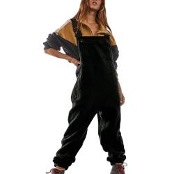 DJFOG Fleece-Overalls für Damen, warmer Fleece-Overall, verstellbarer Riemen, ärmellos, lockere Jumpsuits mit Taschen, Schwarz, Medium von DJFOG