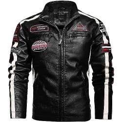 DJFOG Motorrad-Lederjacke für Herren, PU-Kunstlederjacke, Vintage-Stil, Stehkragen, Motorradjacken, Herbst-Winter, Moto, Biker, Bomber, Oberbekleidung, Mäntel,Schwarz,XL von DJFOG