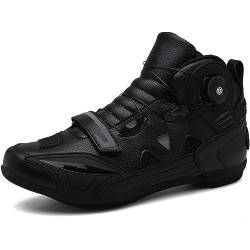 DJFOG Motorradstiefel Herren, verstärkte rutschfeste Straßen-Motorrad-Reitschuhe, Leder-Motorrad-Sneaker mit Drehschnalle,Schwarz,46 EU von DJFOG