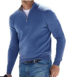 Herren Kaschmir Reißverschluss Basic Pullover, gestrickter Herren-Pullover mit Rundhalsausschnitt, langärmelig, weicher Griff, Viertelreißverschluss, Blau, Groß von DJFOG