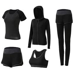 DJKTTMKW Sport Set Damen Trainingsanzug Jogginganzug Set 5 Stück Sportanzug Yoga kleidung Sport Outfit Fitness Sportkleidung Anzug Gym Set (Schwarz B, L) von DJKTTMKW