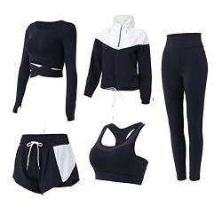 DJKTTMKW Trainingsanzug Damen Jogginganzug Set 5 Stück Sport Set Fitness Yoga Kleidung Sportanzug Sportkleidung Frauen Set (Schwarz, L) von DJKTTMKW