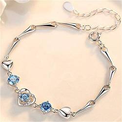 Silber 925 Armband für Frauen Schmuck Shiny Zircon Heart Blue Armband Female Princess Geburtstagsgeschenk Trendy Bracelet   blau von DJMJHG